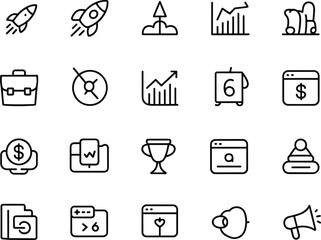 Business and finance icons set, rocket launch, graph analytics, briefcase, money, calendar, trophy, website, megaphone, marketing symbols
