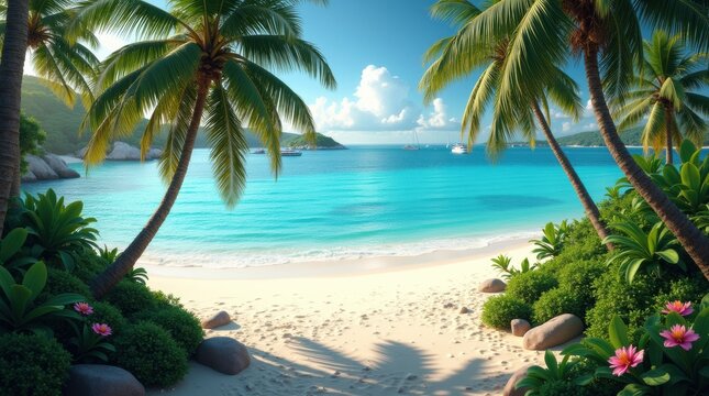 Idyllic tropical beach paradise with palm trees and turquoise ocean