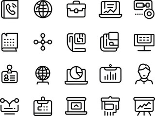 Business communication icon set, data analytics, presentation symbols, web connection, office tools, teamwork icons, digital chart vector