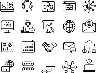 Business communication icons, remote work symbols, networking, email, online collaboration, data sharing, teamwork, cloud computing, password security, digital workspace