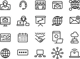 Business communication icons, remote work tools, global networking, data security, email marketing, cloud storage, online support, digital teamwork, internet growth