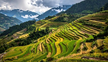 Lush agricultural terraces cascading down a hillside under moody skies