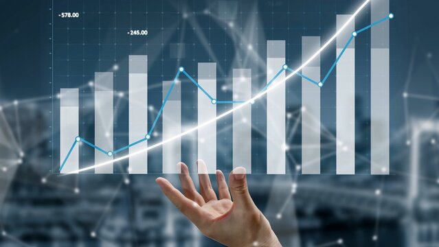 A visual representation of data trends with a hand reaching towards a graph highlighting growth in business metrics, ideal for presentations in finance and analytics. Copula - Powered by Adobe