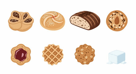 A diverse collection of illustrated bakery items including bread, rolls, cookies, and a sugar cube.