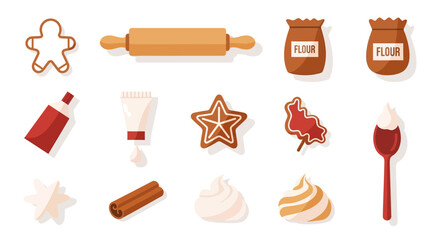 Baking ingredients and tools for making gingerbread cookies, flat vector illustration.