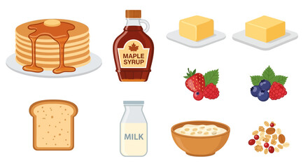 A collection of breakfast foods including pancakes, syrup, butter, fruit, toast, milk, oatmeal, and nuts.