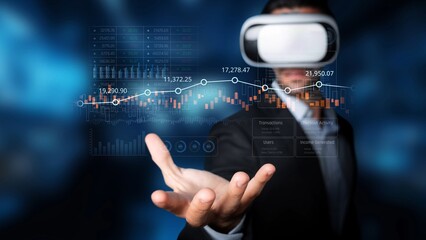 A businessman interacts with virtual reality technology, visualizing financial data and trends. This image captures the fusion of business and innovation in a digital workspace. Raster
