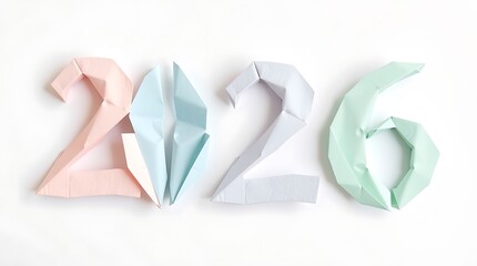 Pastel origami 2026 year on white backdrop for creative holiday announcements and unique new year greetings with modern design elements