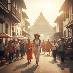 raveler walking in UNESCO city street in Laos,