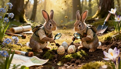 A hyper-realistic scene of two rabbit explorers in vests using magnifying glasses to dig up ornate Easter eggs in a sun-drenched, mossy forest clearing filled with spring flowers.