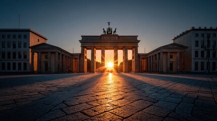 Obraz premium Historical Landmark with Sunrise Sunburst Behind Iconic Gate in Berlin