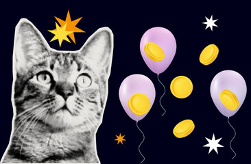 A cat with flying gold coins. Cash prize, reward, stars for success. Money flies with balloons. A gift for the winner, a high level of achievement. A cutout sticker, a contemporary halftone collage.