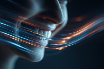 Unlock the power of a whiter smile with comprehensive dental care. Information streams. Young woman's vibrant smile in a masterpiece of dental care practice. Data network. Online networking.