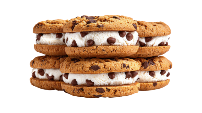 A stack of cookies with chocolate chips and cream filling