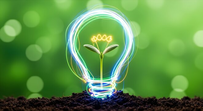 Green energy concept, glowing light bulb trails around a young plant growing from soil.