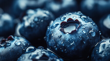 Fresh blueberries glistening with water droplets create a mouthwatering and healthy snack idea for summer recipes and wellness campaigns