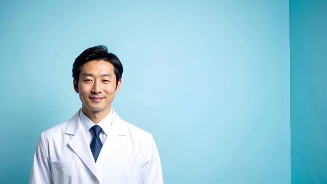 ライトブルーの背景と柔らかな明るい光に包まれた、日本人男性医療専門家の半身ポートレート映像です。
白衣が際立つ清潔な医療環境を想起させ、信頼感や専門性を表現します。