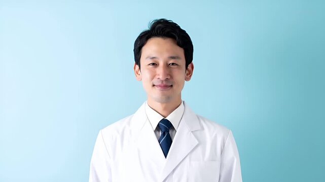 ライトブルーの背景と柔らかな明るい光に包まれた、日本人男性医療専門家の半身ポートレート映像です。
白衣が際立つ清潔な医療環境を想起させ、信頼感や専門性を表現します。