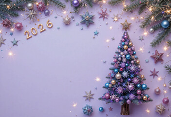 Christmas tree from christmas glitter toys, minimal New Year composition lavender color, monochrome color with copy space. New Year holiday banner with bright celebration decorations. 3d rendering.