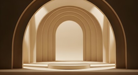 Fototapeta premium Minimalist arch hallway with elegant podium, abstract 3d render for product display or background.