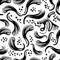 Fototapeta premium Black Ink Swirls and Dots Seamless Pattern on White Background abstract brush