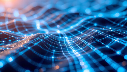 Blue neon grid, digital wave, flowing dots, glowing mesh, abstract network, futuristic pattern dynamic data surface pulses