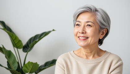 Naklejka premium Senior woman gray hair soft light beige sweater natural smile indoor portrait calm mood elegant look