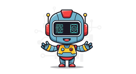 Cartoon robot with open arms, blue body, red accents, and a screen face displaying digital symbols.