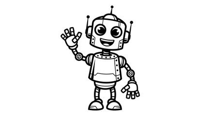 Cartoon robot waving with a friendly smile, standing against a white background.