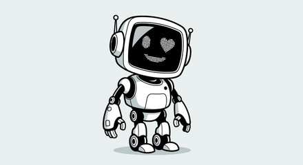 A charming cartoon robot with a screen face, displaying loving emotions.