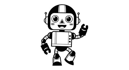 Cartoon robot character with waving hand, standing on one leg, isolated on white background.
