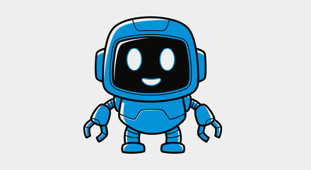 A blue cartoon robot with a friendly face, standing on a white background.