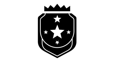 A black and white emblem featuring a crown, stars, and shield shape.