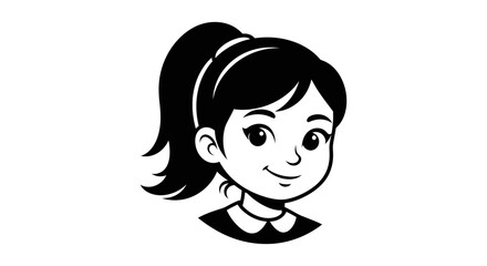 Cartoon illustration of a young girl with a ponytail, smiling gently. Black and white portrait.