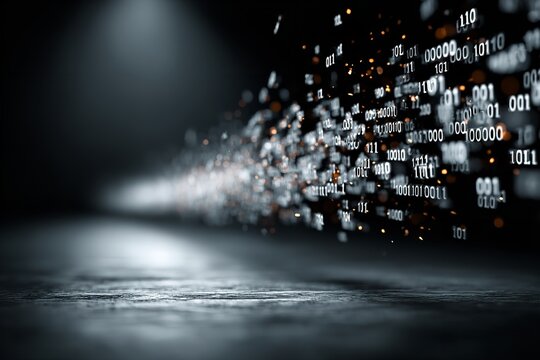 Digital data flowing in a dark space, creating a sense of technology and innovation in a modern world