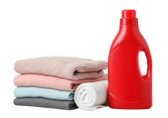 Stack of clean folded clothes next to a bottle of laundry detergent, isolated on transparent background