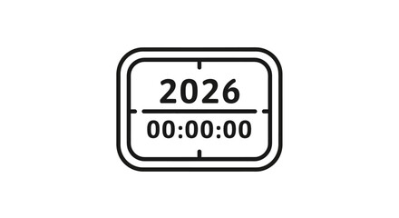 A simple black and white illustration of a rectangular clock showing the year 2026.