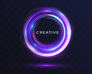 Vibrant glowing vortex ring with neon purple, pink, and blue light swirls, creating a futuristic creative frame on a dark transparent background, perfect for modern design and branding.
