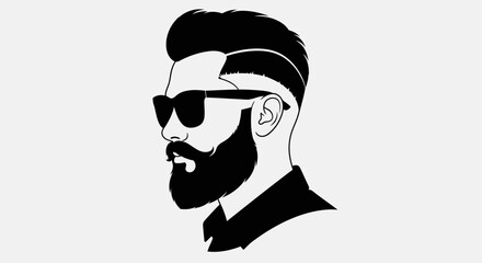 Vector illustration of a stylish man with a beard, modern haircut, and sunglasses, depicted in black and white.
