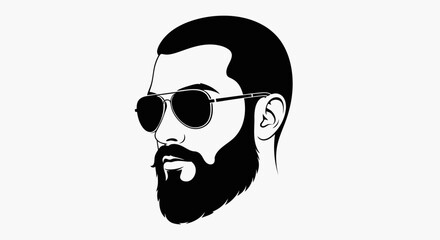 A stylized black and white illustration of a man with sunglasses and a beard.
