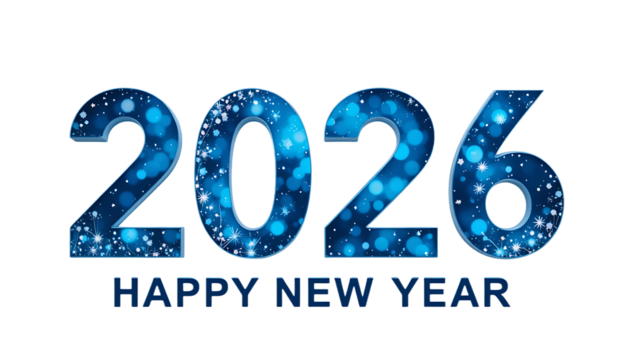 Happy New Year 2025 text design. Vector illustration. blue glittering 2026 Happy New Year text with twinkling lights.