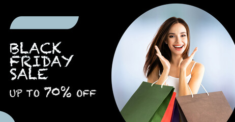 Black Friday sale banner discount ad concept - expressive happy smiling cute brunette hair young woman carry colourful paper shopping bags. Mockup template design banner. Up to 70 % off sign text
