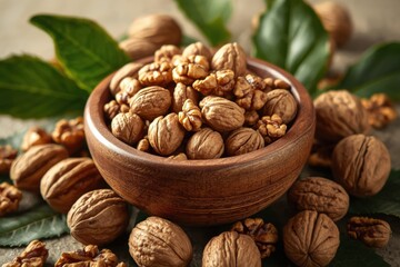 Healthy whole walnuts and shelled kernels in wooden bowl with green leaves