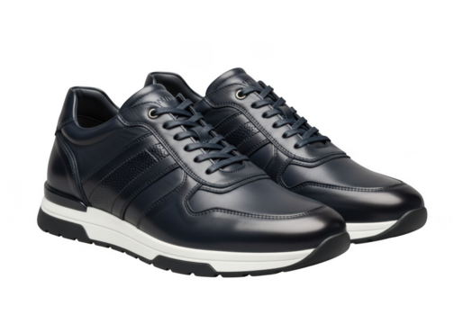 Pair of dark blue leather sneakers with white sole, isolated on transparent background