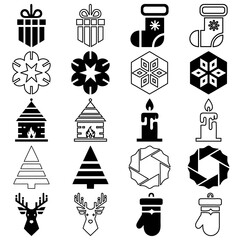Christmas and winter geometric icon set. Modern minimalist vector symbols in solid black and outline styles. Holiday elements: reindeer, tree, gift, snowflake, candle, wreath, stocking.