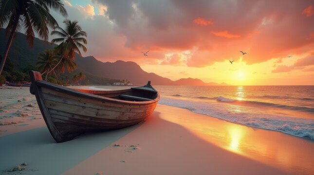 Serene tropical beach sunrise with wooden boat and palm trees - Powered by Adobe