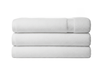 A stack of three neatly folded white bath towels, isolated on transparent background