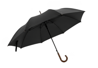 A black umbrella opened and angled, isolated on transparent background