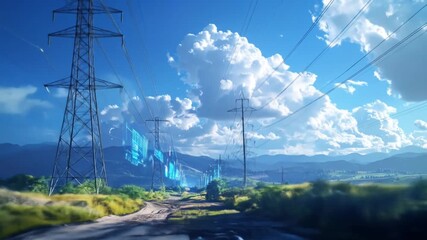 Digital Power Grid: Landscape with Electricity Pylons and Data Visualization - Powered by Adobe