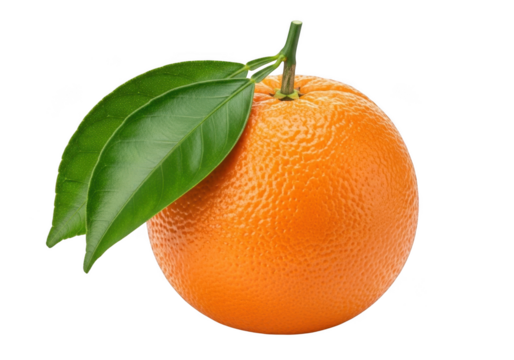 A whole orange with two green leaves, isolated on transparent background